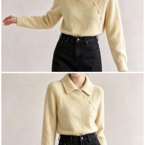 High-Quality Beige Apricot Knit Sweater with Collar and Ribbed Design for Women