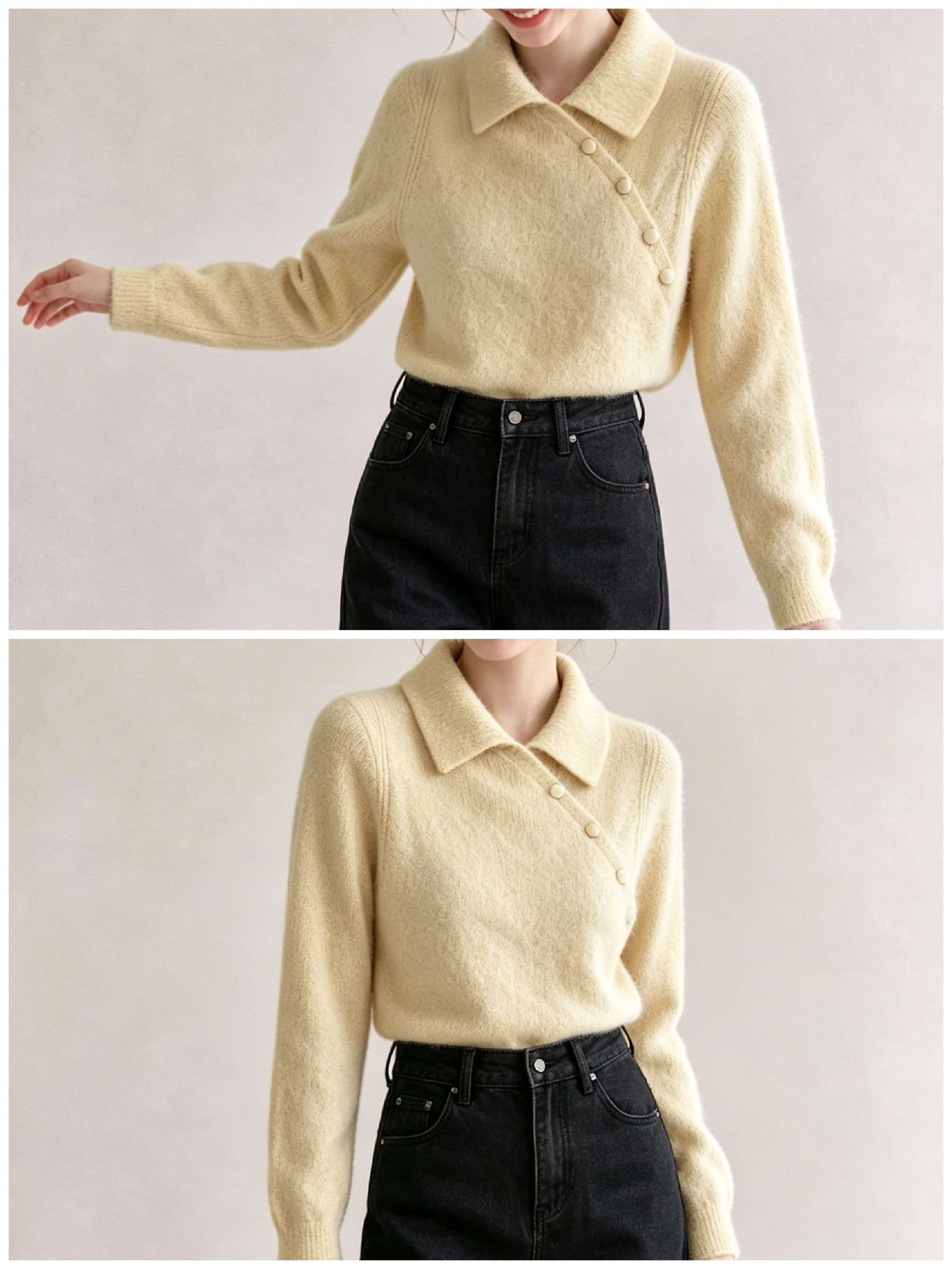 High-Quality Beige Apricot Knit Sweater with Collar and Ribbed Design for Women