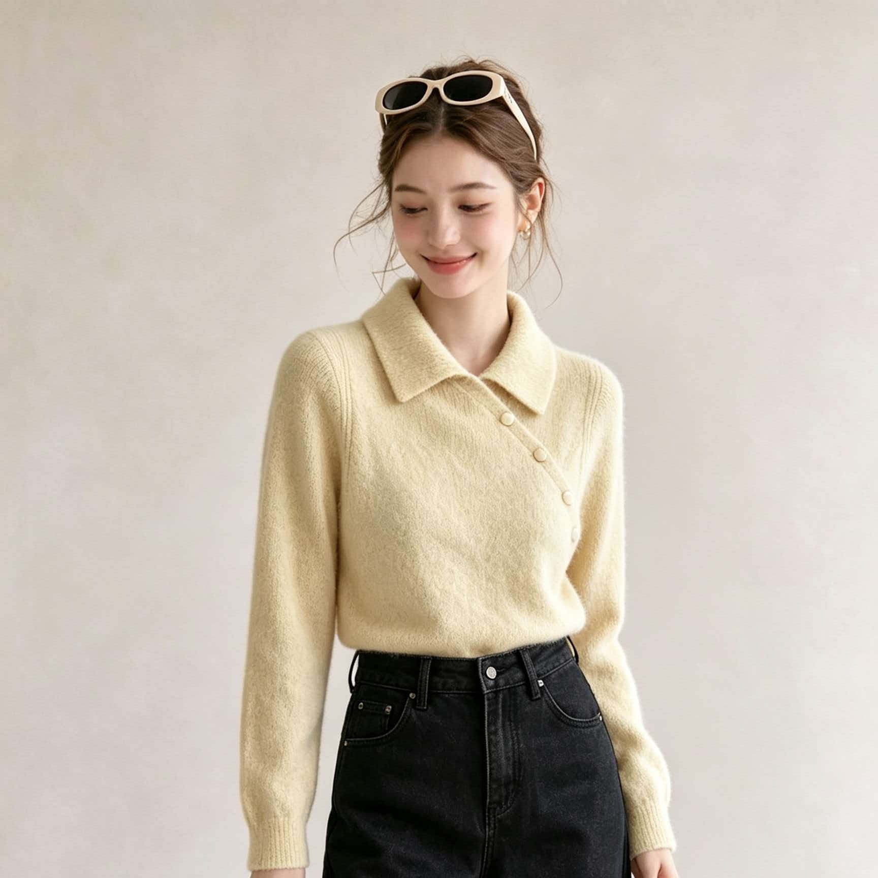 High-Quality Beige Apricot Knit Sweater with Collar and Ribbed Design for Women - Image 5