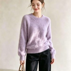 Women's Purple Crewneck Soft Knit Sweater 2026 Early Autumn Casual Pullover