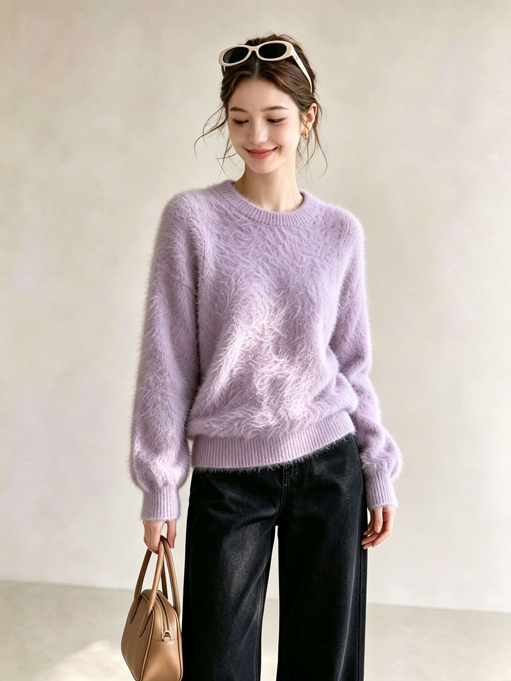 Women's Purple Crewneck Soft Knit Sweater 2026 Early Autumn Casual Pullover