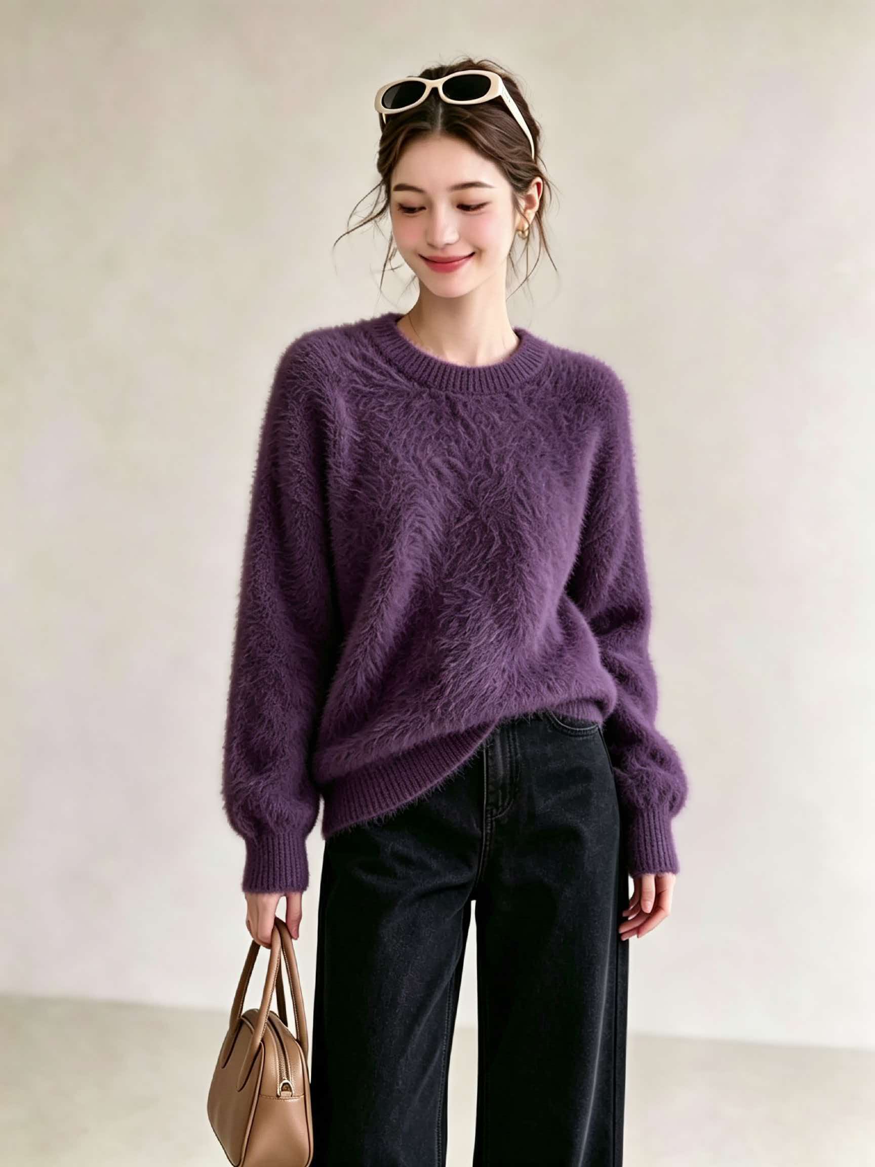 Women's Purple Crewneck Soft Knit Sweater 2026 Early Autumn Casual Pullover - Image 3