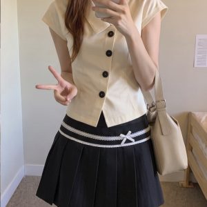 Preppy High Waist Pleated Mini Skirt with Lace Bow for Women