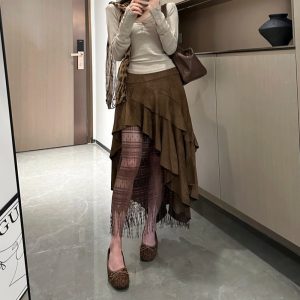 2026 Autumn Winter Asymmetric Lace Patchwork Faux Suede Skirt with Ruffles and Pleats Loose A-Line Midi Skirt