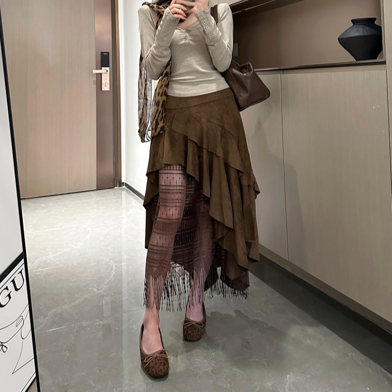 2026 Autumn Winter Asymmetric Lace Patchwork Faux Suede Skirt with Ruffles and Pleats Loose A-Line Midi Skirt
