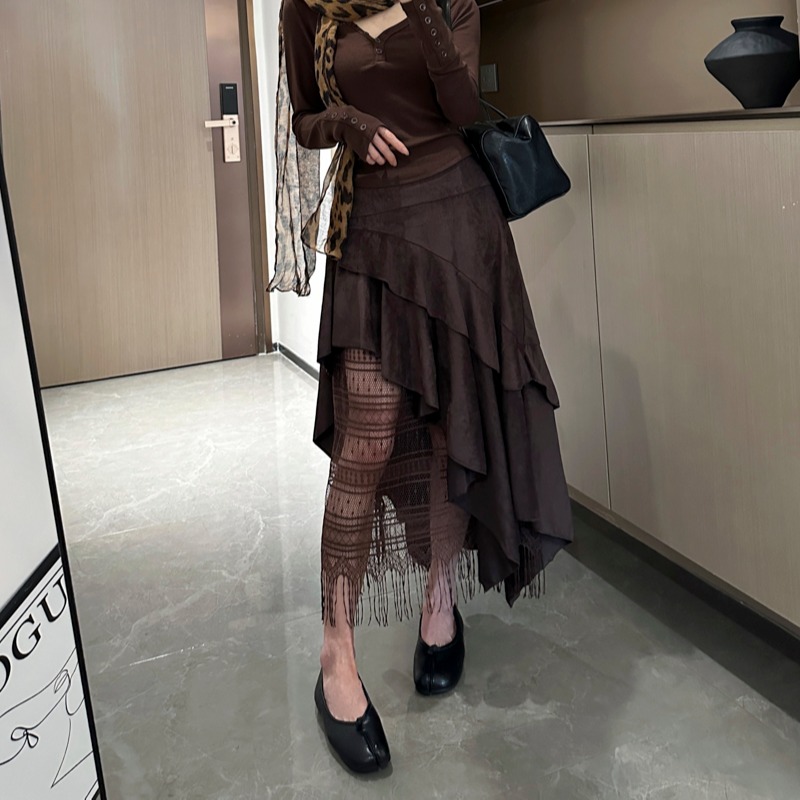 2026 Autumn Winter Asymmetric Lace Patchwork Faux Suede Skirt with Ruffles and Pleats Loose A-Line Midi Skirt - Image 5