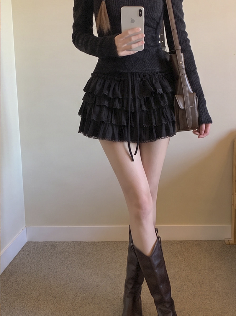 Velvet Lace Trim Tiered Cake Skirt with Drawstring Short Skirt for Women Autumn Winter New - Image 3