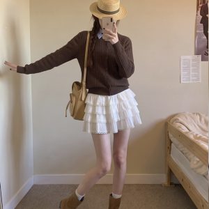 Velvet Lace Trim Tiered Cake Skirt with Drawstring Short Skirt for Women Autumn Winter New