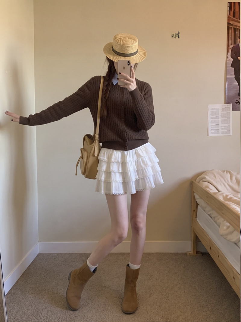 Velvet Lace Trim Tiered Cake Skirt with Drawstring Short Skirt for Women Autumn Winter New