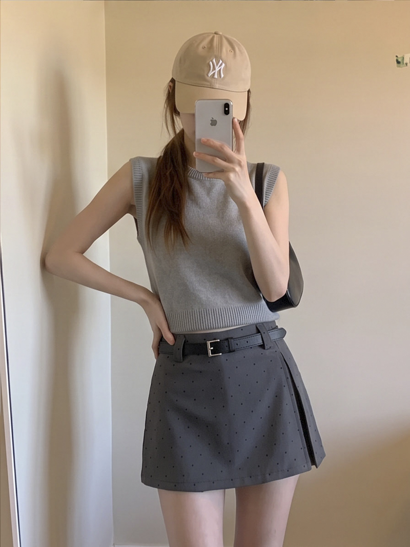 Gray Polka Dot High Waist A-Line Split Mini Skirt for Women Summer - Image 3