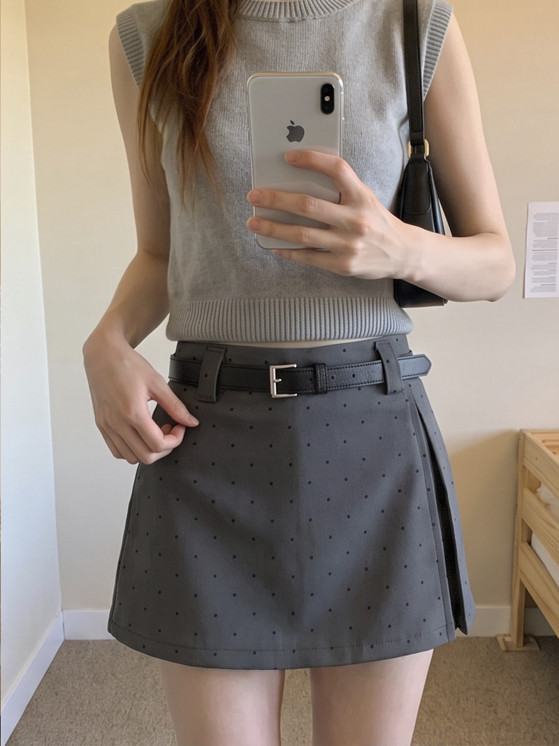 Gray Polka Dot High Waist A-Line Split Mini Skirt for Women Summer - Image 4
