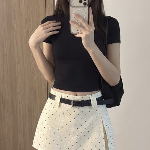 Gray Polka Dot High Waist A-Line Split Mini Skirt for Women Summer