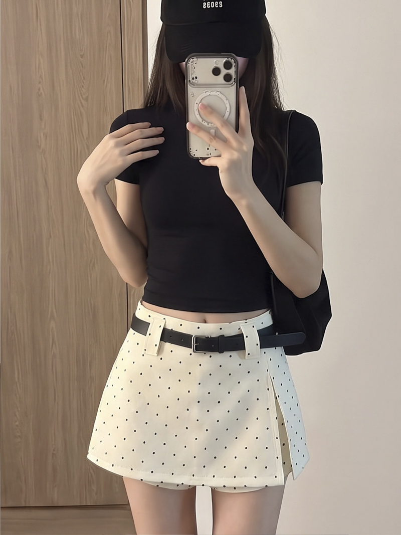 Gray Polka Dot High Waist A-Line Split Mini Skirt for Women Summer