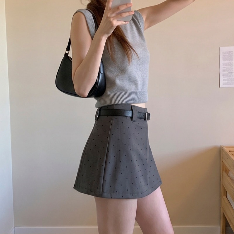 Gray Polka Dot High Waist A-Line Split Mini Skirt for Women Summer - Image 5