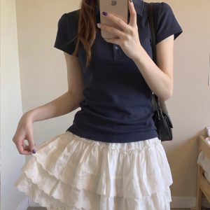 2026 Spring Sweet Lace Embroidered White Tiered Mini Skirt with Elastic High Waist