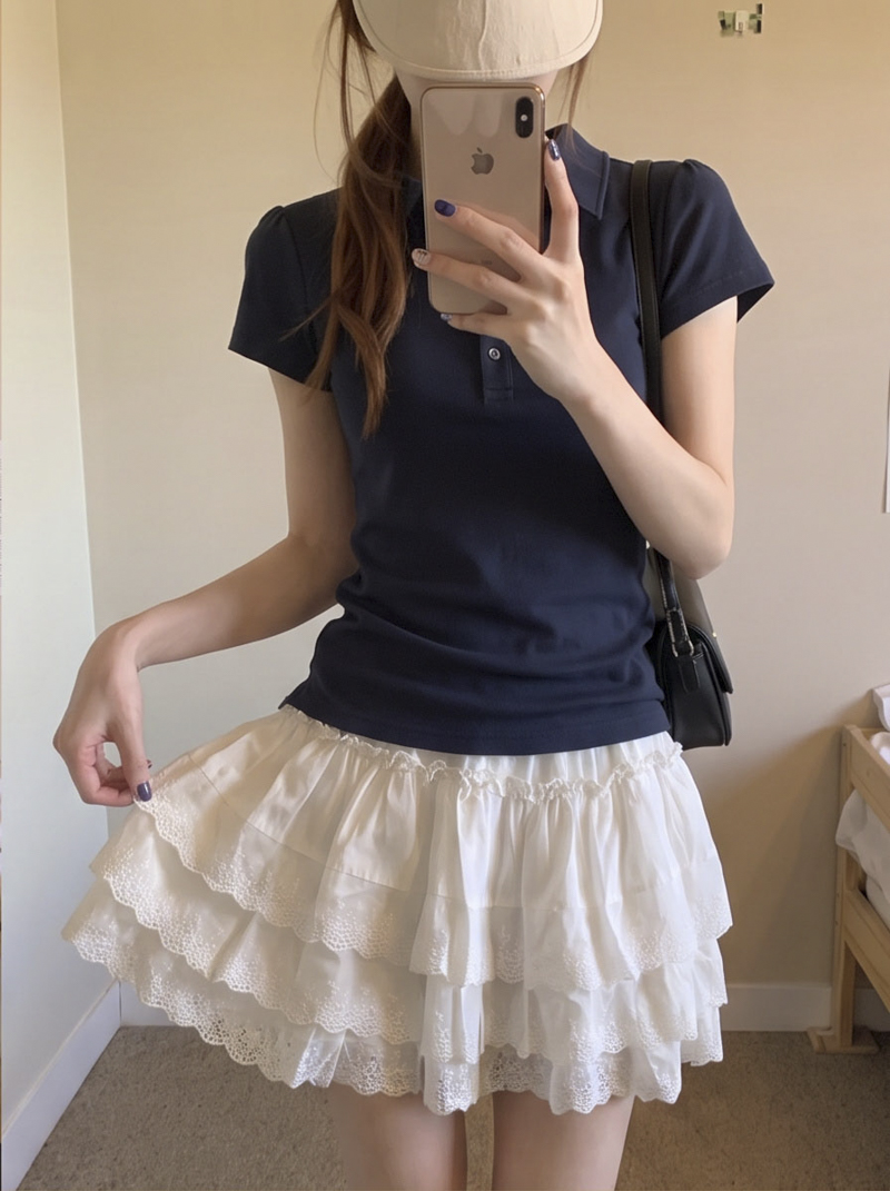 2026 Spring Sweet Lace Embroidered White Tiered Mini Skirt with Elastic High Waist