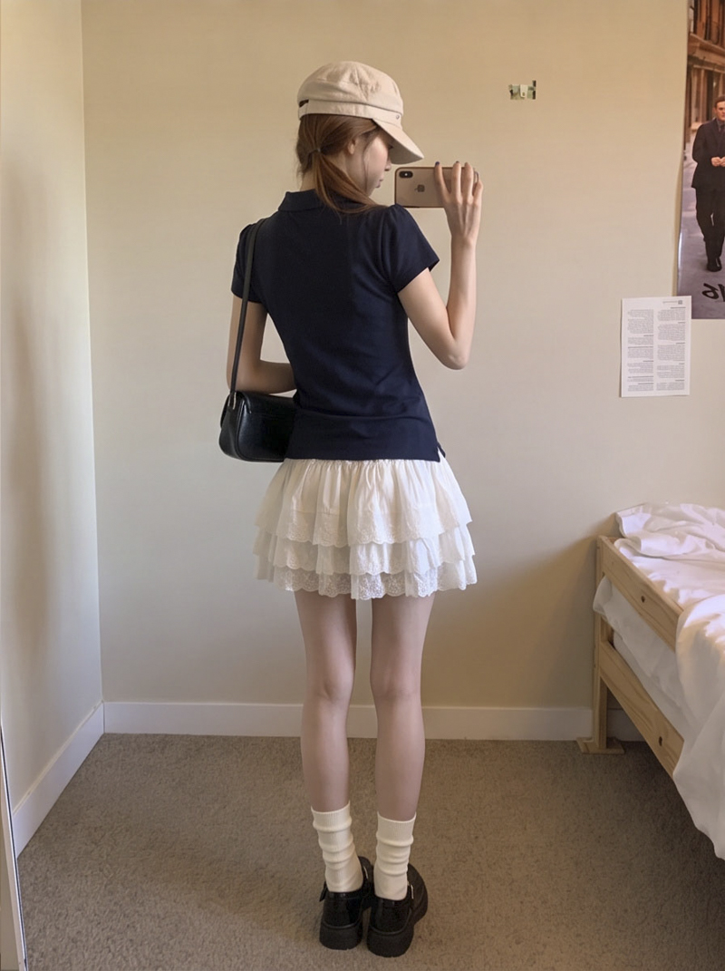 2026 Spring Sweet Lace Embroidered White Tiered Mini Skirt with Elastic High Waist - Image 3