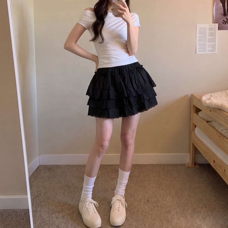 2026 Spring Sweet Lace Embroidered White Tiered Mini Skirt with Elastic High Waist - Image 5