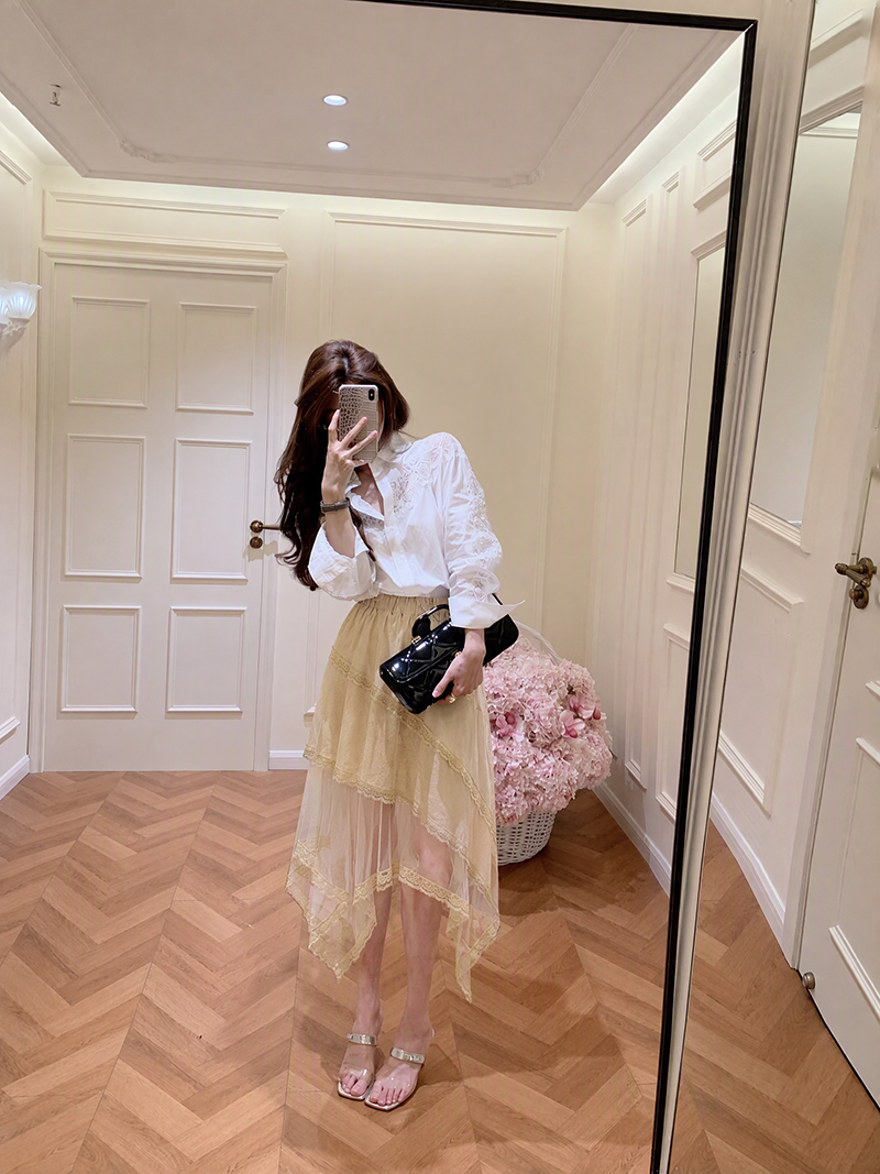 Retro Faux Suede Lace Mesh Midi Skirt with Elastic Waist