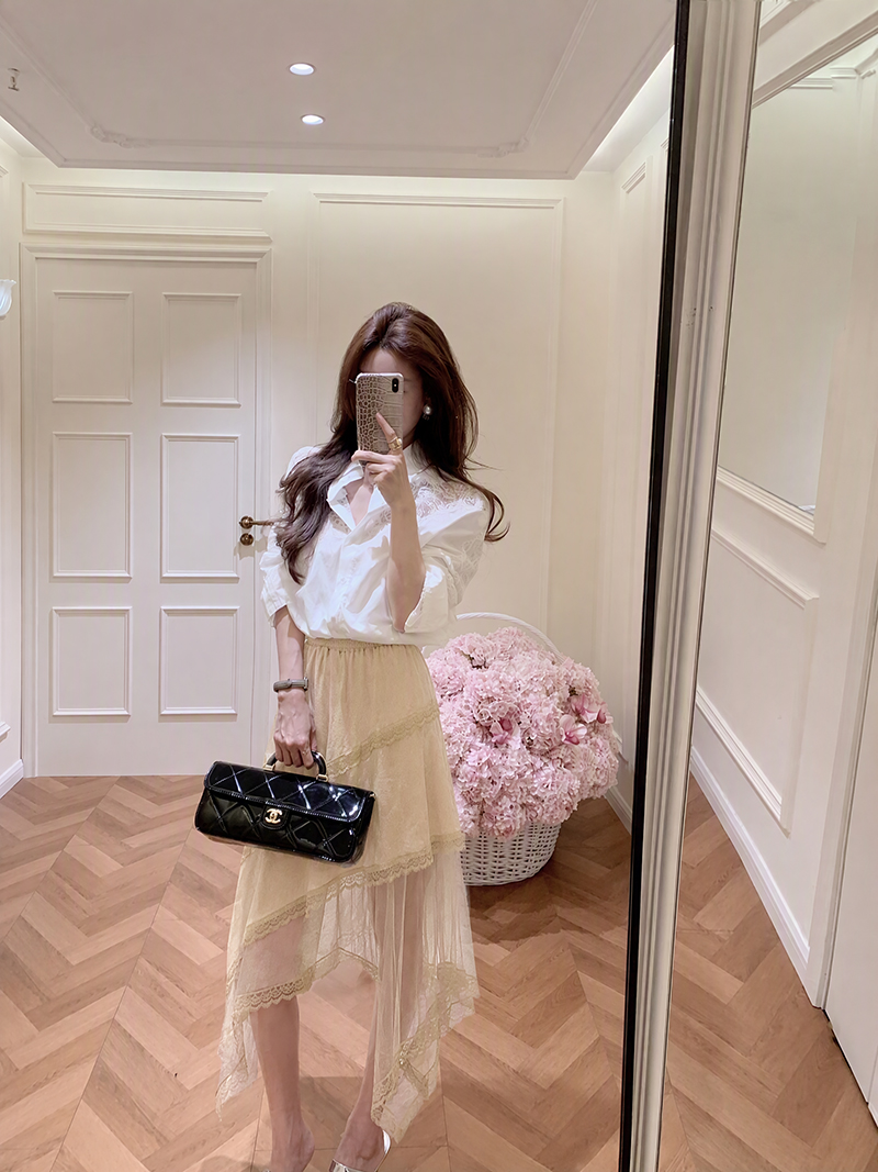Retro Faux Suede Lace Mesh Midi Skirt with Elastic Waist - Image 2