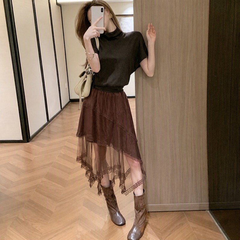 Retro Faux Suede Lace Mesh Midi Skirt with Elastic Waist - Image 5