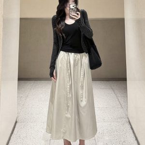 2026 Autumn Elastic Waist Lace-Up Curved Midi Skirt Women Old Money Lazy Style Lyocell