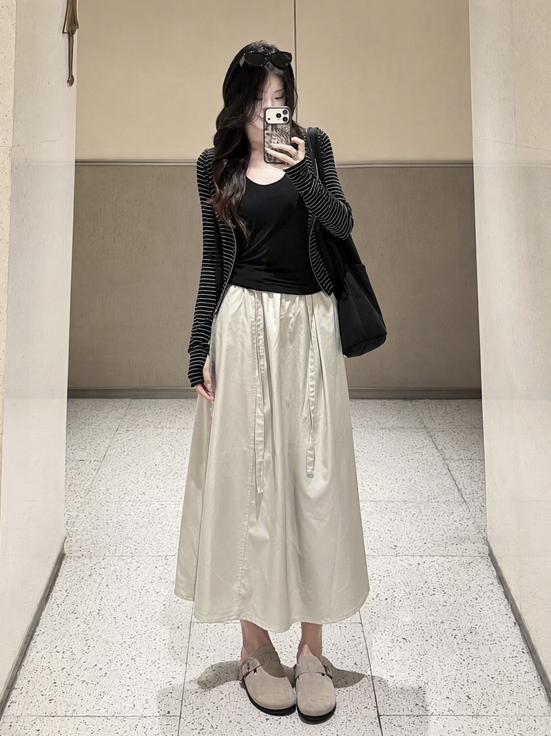 2026 Autumn Elastic Waist Lace-Up Curved Midi Skirt Women Old Money Lazy Style Lyocell